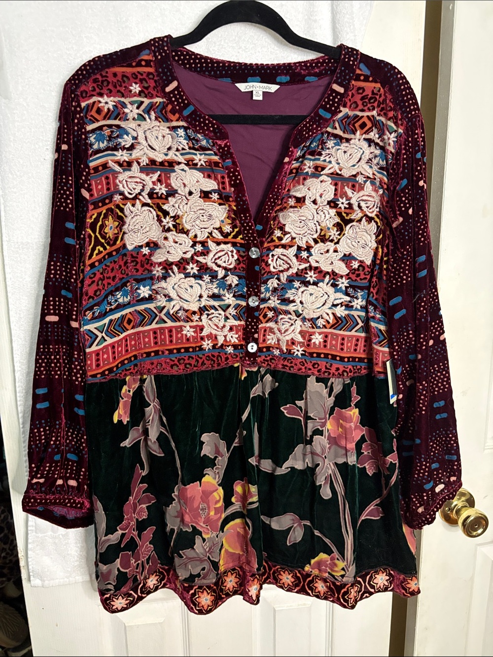 John Mark Burgundy Multicolor Embroidered Velvet Tunic